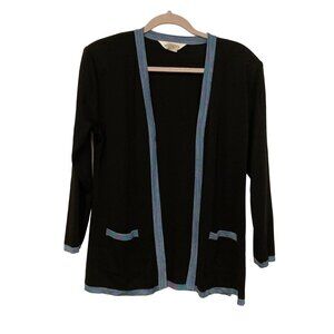 Exclusively Misook Black Open Cardigan Sweater Blue Purple Trim Pockets‎ Sz XS